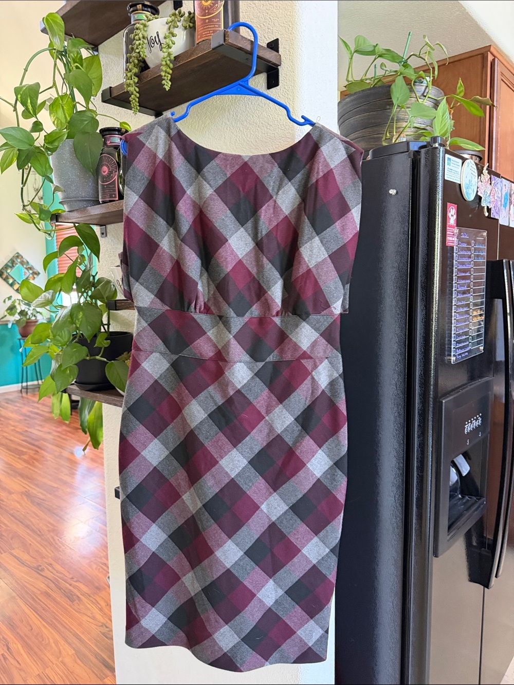VENUS Burgundy and Gray Plaid Midi Sheath Dress